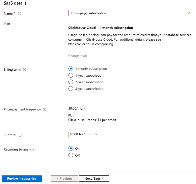 ClickHouse Cloud 가입 정보 양식
