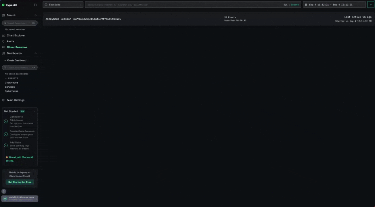 ClickStack에서 세션 리플레이에서 백엔드 트�레이스로 탐색하는 화면
