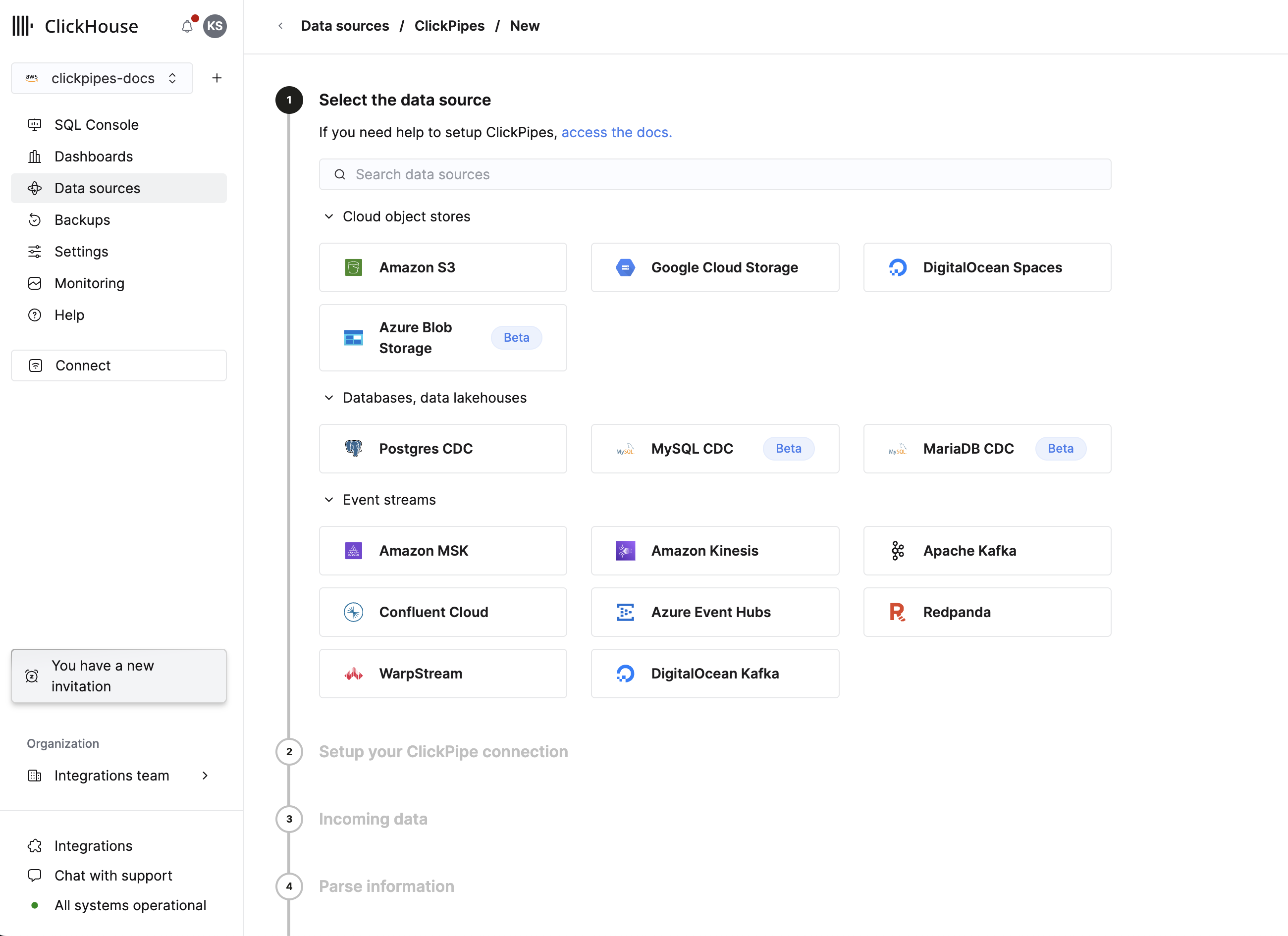 데이터 ��소스 유형 선택
