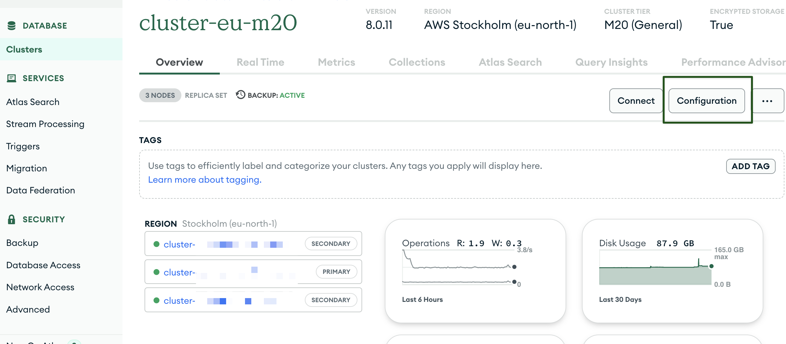 클러스터 구성 화면으로 이동