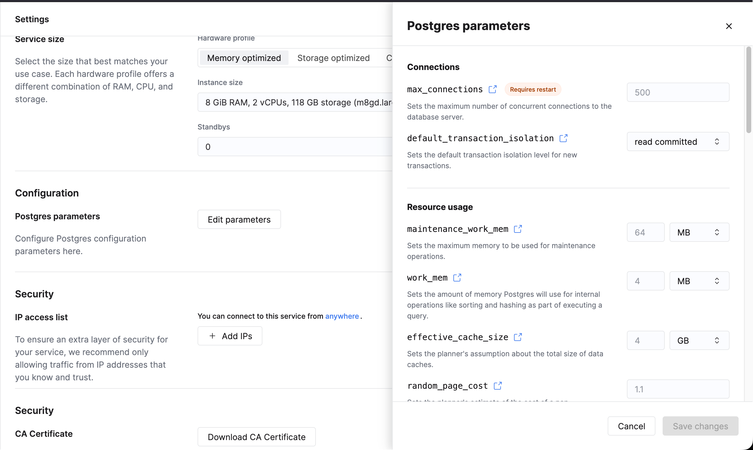Postgres 매개변수 구성