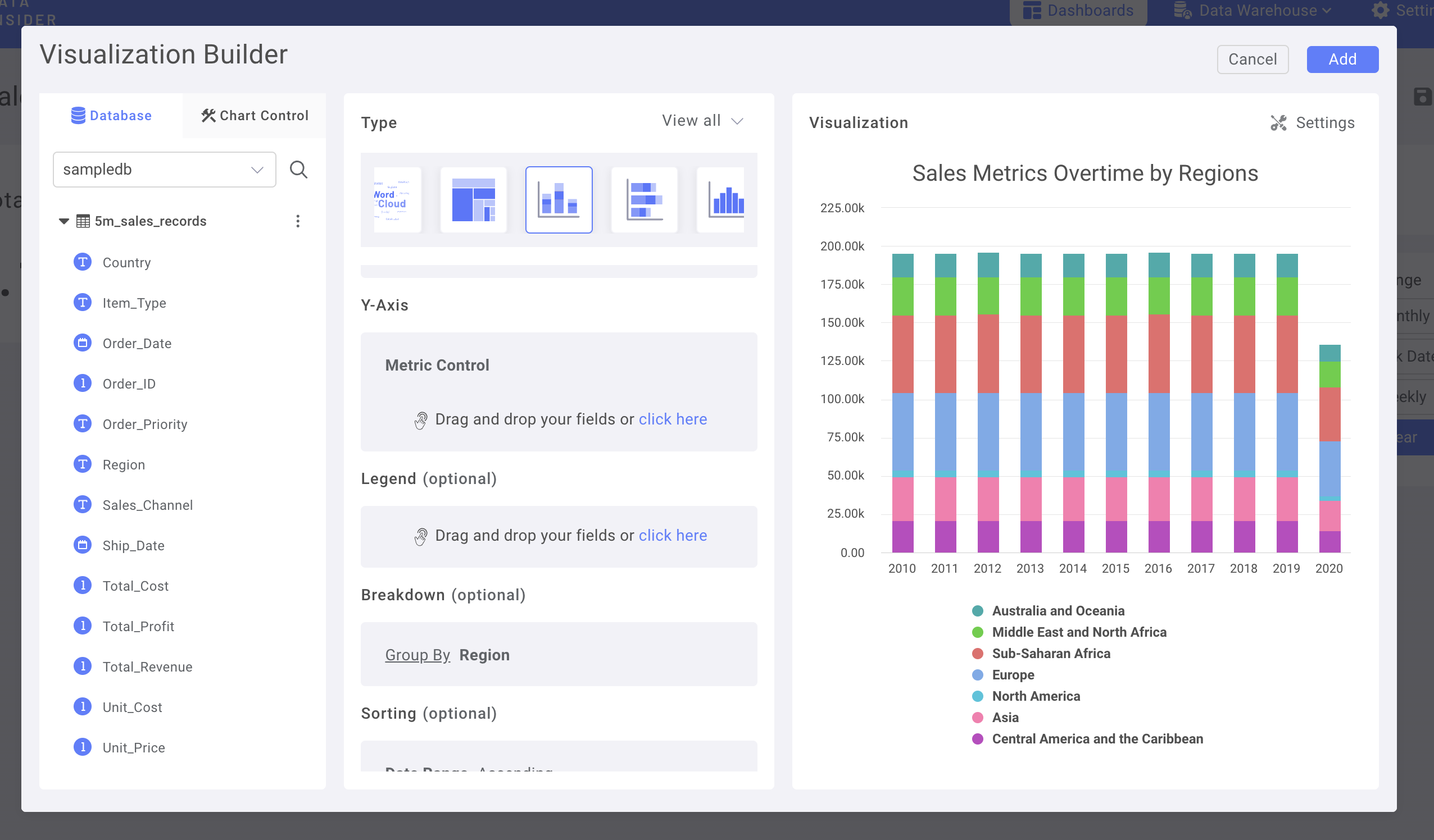 누적 막대형 차트에서 breakdown 차원으로 Region 컬럼이 추가되는 화면